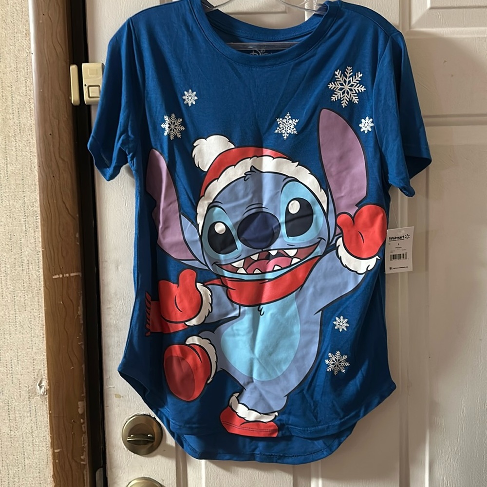 DISNEY STITCH CHRISTMAS TEE: BLUE: NEW WITH TAGS: JUNIORS SIZE L (11/13)